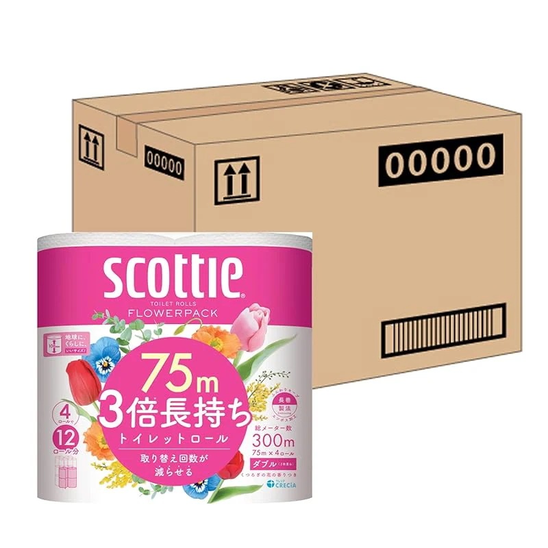 【即納】【ケース販売】 スコッティ フラワーパック 3倍長持ち トイレットホワイト 4ロール 75mダブル 12パック入り