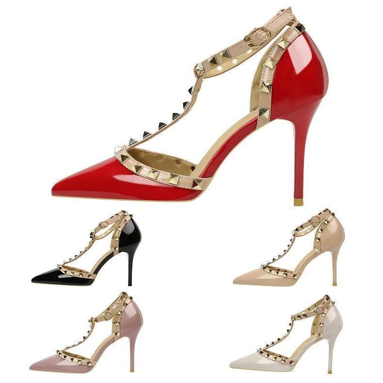 【大好評！最安値挑戦!】【即日発送】パンプス ポインテッドトゥ レディース スタッズ付 Tストラップ ハイヒール ピンヒール フォーマル シューズ 9cm アンクルストラップ パーティー 結婚式