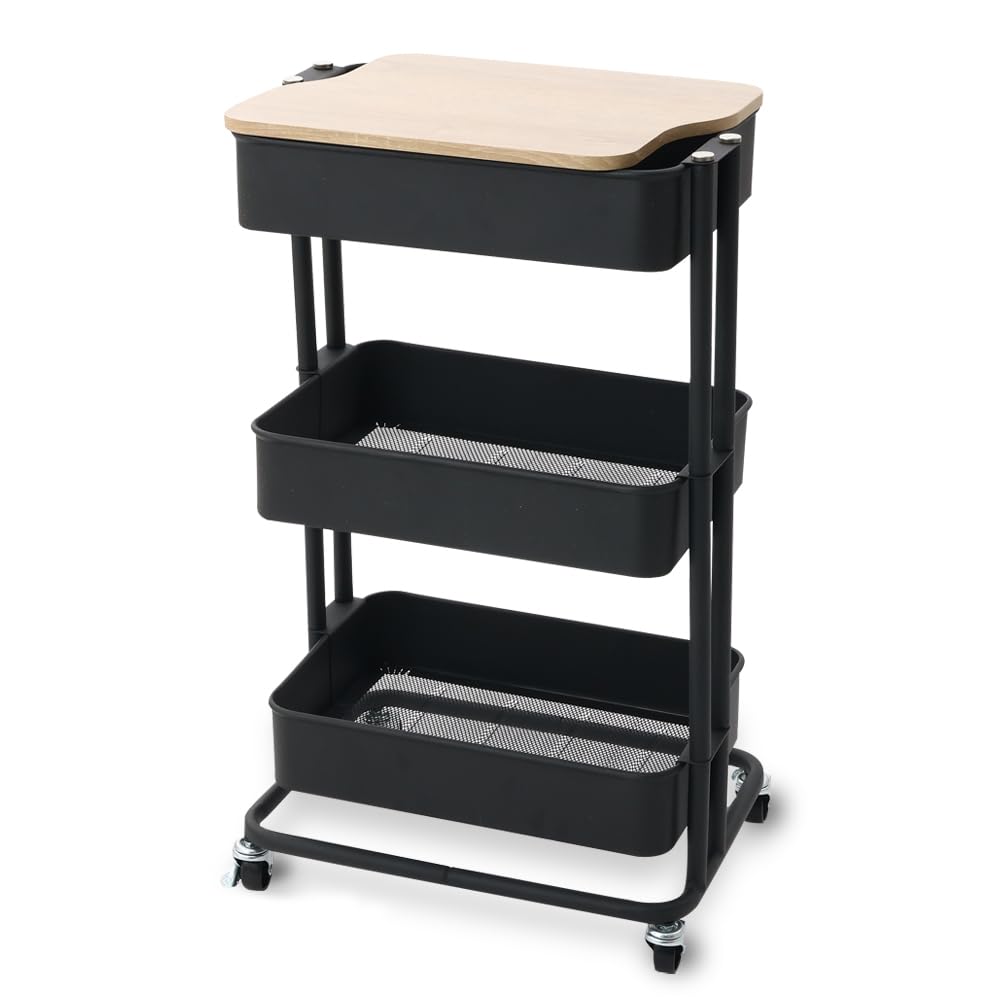 【取り出しやすくリニューアル! 】アイリスプラザ キッチンワゴン 調味料ラック バスケットラック 木天板タイプ 収納ワゴン 3段 キャスター付 幅44.5×奥行35×高さ78cm ブラック KW-L0