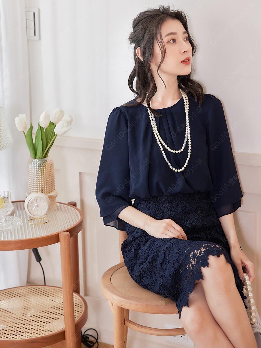 韓国版通勤淑女士の新作ドレススカートレース継ぎ手カバーアームスリムドルマンスリーブ丸首ワンピース88538-50