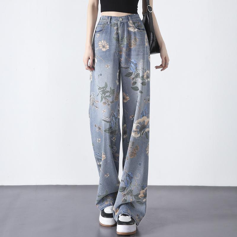 デニムパンツ レディース ボトムス ジーンズ ペイント ハイウエスト ワイド プリント ストレート 春秋 ブルー 6,950円