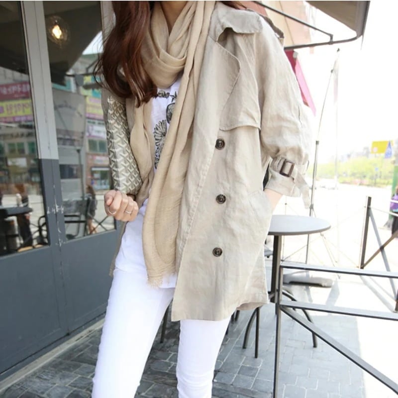 アウター 上着 コート トレンチコート ミドル丈 チュニック丈 無地 襟付き ダブルブレスト
