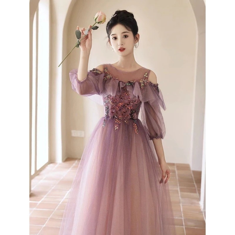 紫色ホスト宴会芸術試験イブニングドレス女性長袖婚約ドレスワンピースドレスその他 ワンピースドレス