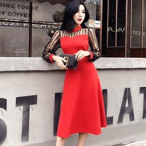 1365.シースルー袖Aラインドレス（レッド) 2019 春夏 sale セクシー ナイトクラブ お呼ばれ パーティー イベント 大人