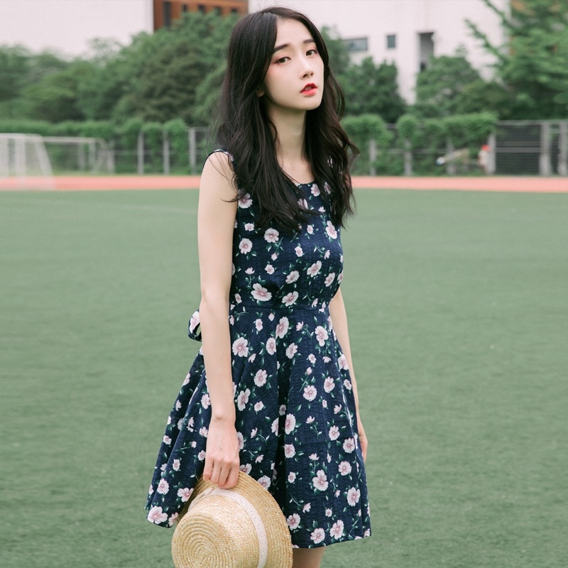 1182. 花柄ノースリーブAラインワンピース（ネイビー）