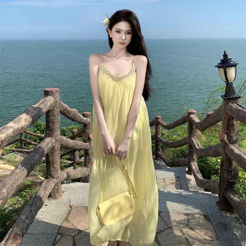 リゾート ワンピース マキシ丈 レディース フランス ビーズ ラインストーン サスペンダー ドレス 女性 夏 スリム ユニーク ホリデー フェアリー ドレス