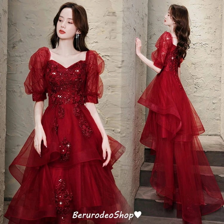 3日以内に出荷 結婚式ドレス 二次会ドレス ワイン赤 ロングドレス イブニングドレス オフショルダー Vネック ゲストドレスパフスリーブ 素敵 キレイめ パーティードレス お呼ばれドレス 20代 30 5,052円