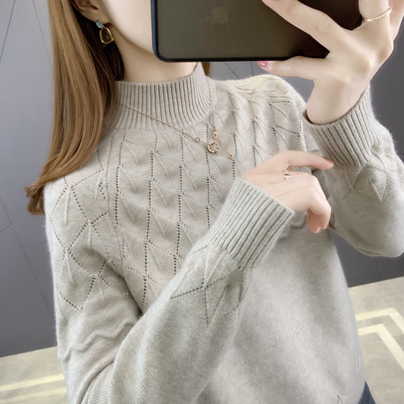 トップス ニットソー セーター プルオーバー 袖あり 長袖 襟なし ハイネック モックネック 細身 切り替えデザイン かわいい 可愛い きれいめ シンプル カジュアル 上品 おしゃれ お洒落