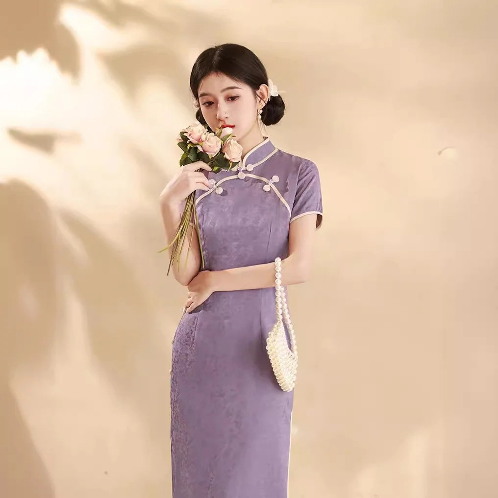 2024春夏改良チャイナドレスデイリーヤングパープルホワイトミドル丈チャイナドレス小人向け