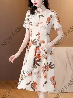 夏服中年ママのウエストを収めた痩せたシフォンワンピースプリント半袖ロングスカート-33