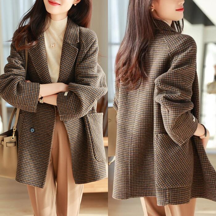 コート チェスター テーラード ジャケット 千鳥格子 アウター 羽織 レディース きれいめ カジュアル おしゃれ 長袖 クラシカル トラッド シンプル ミドル丈 大人 可愛い 大きいサイズ ブラウン