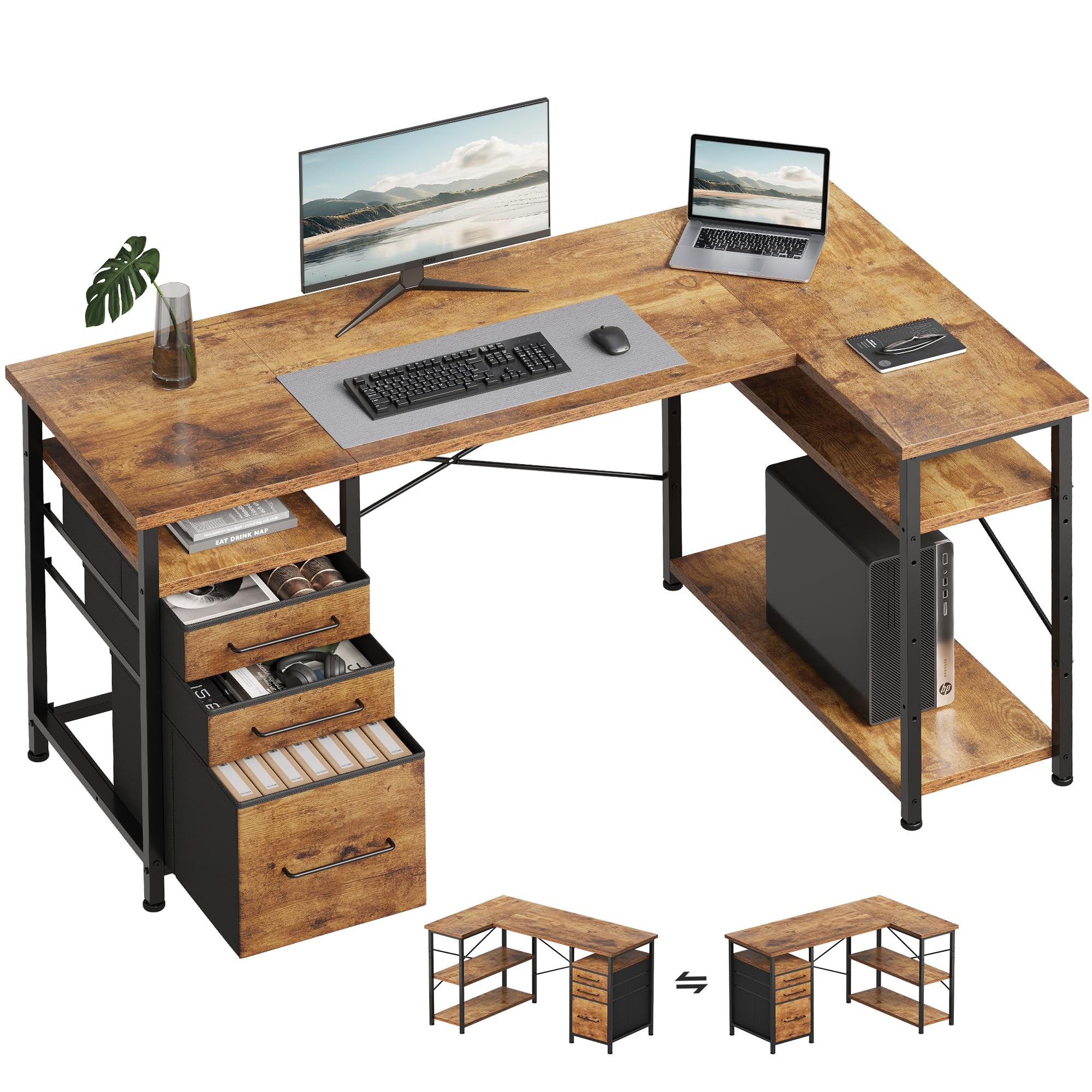 Maihail パソコンデスク l字デスク 机 勉強机 学習机 右棚左棚 幅120cm pcデスク コーナーデスク 本棚付き 引き出し付き 幅120cm ピンテージ