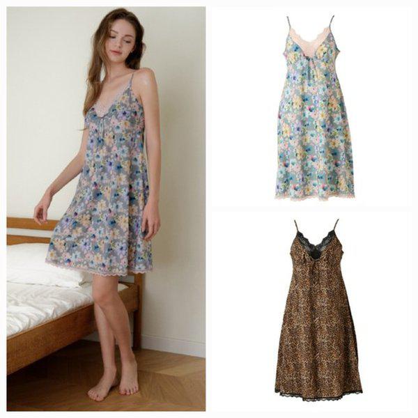 軽いストレッチシフォンと配色レースのヒョウ柄花柄フルスリップ VFS1710