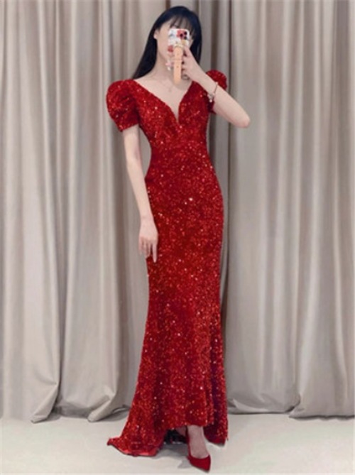 パーティードレス ワインレッド マーメイドライン 優雅なシルエット 結婚式 二次会