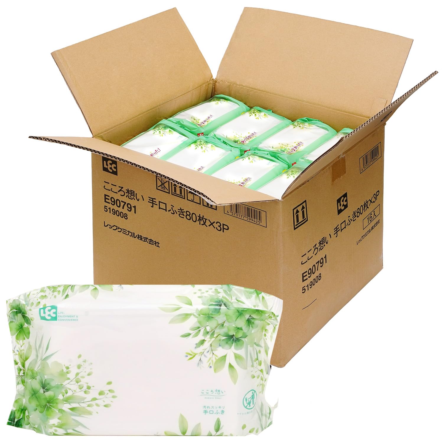 レック(LEC) こころ想い 大人用 手口ふき 80枚×48個 (3840枚) ケース品/丈夫なシートでしっかり拭ける/日本製/無香料/茶葉エキス配合