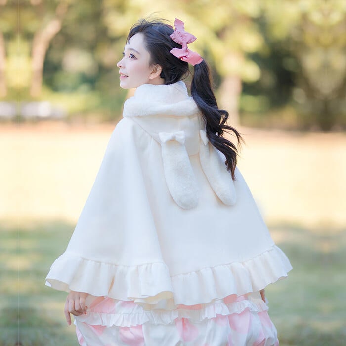 【急速出荷】ロリータ 姫系 ポンチョ コート アウター リボン フリル ウール 原宿 ファション ウサギ耳 兎 防風 可愛い ゆめかわいい 甘ロリ ロリィタ アウター エレガント 刺繍 ファー レディ