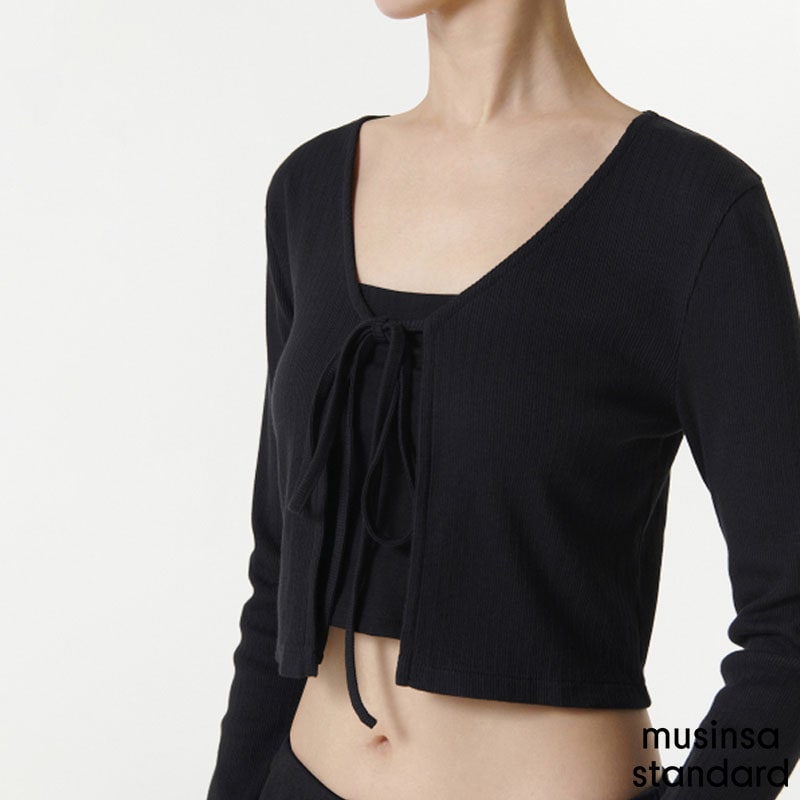 [무신사] 女性用リブ付きタイアップクロップカーディガン ( BLACK ) 4,836円