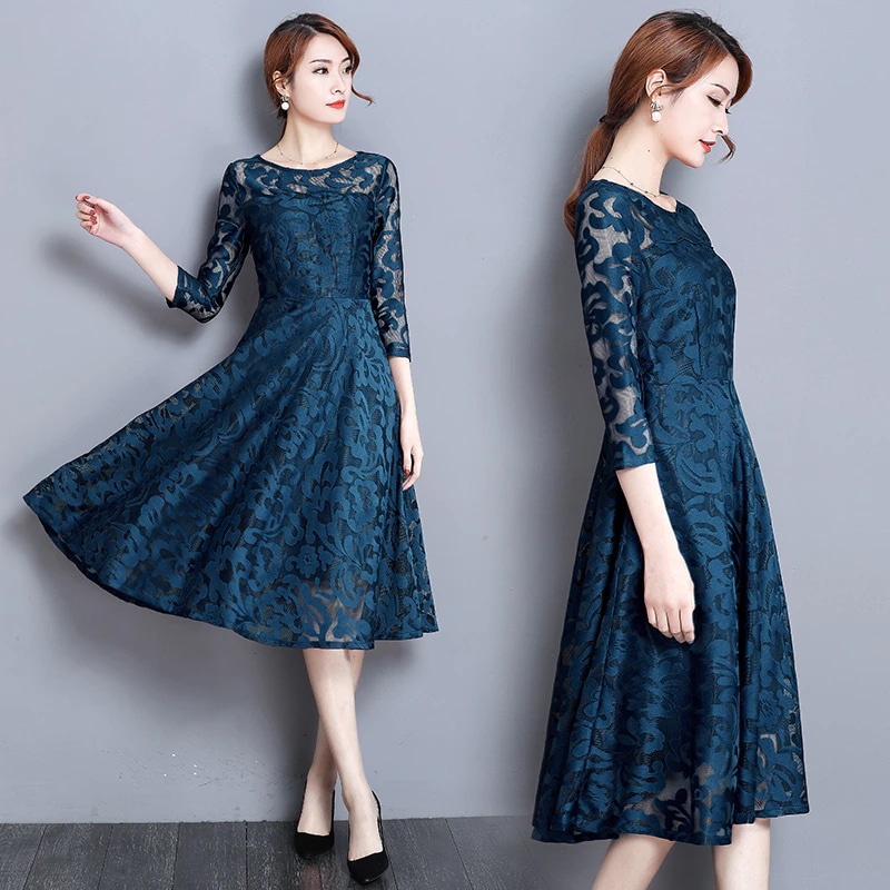 総レースワンピース ワンピース フレアワンピース ワンピドレス 膝丈 ひざ丈 袖あり 7分袖 七分袖 ラウンドネック フレア Aライン レース ハイウエスト 透け感 シースルー ポリエステル かわいい