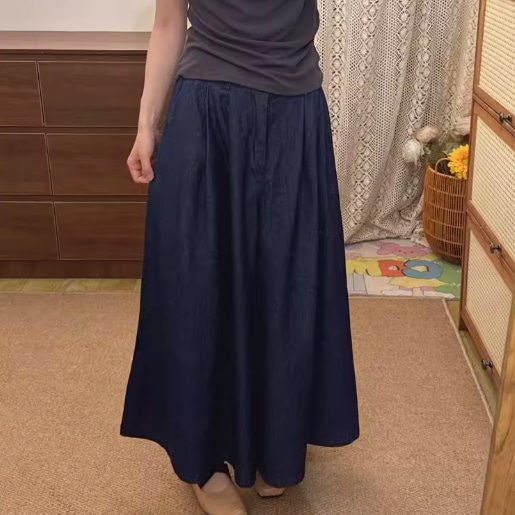 レディース スカート パンツ ガウチョパンツ ワイドパンツ デニムパンツ クロップド丈 ワイド Aライン フェミニン ファスナー ポケット ハイウエスト ウエストゴム デニム ブルーデニム かわいい