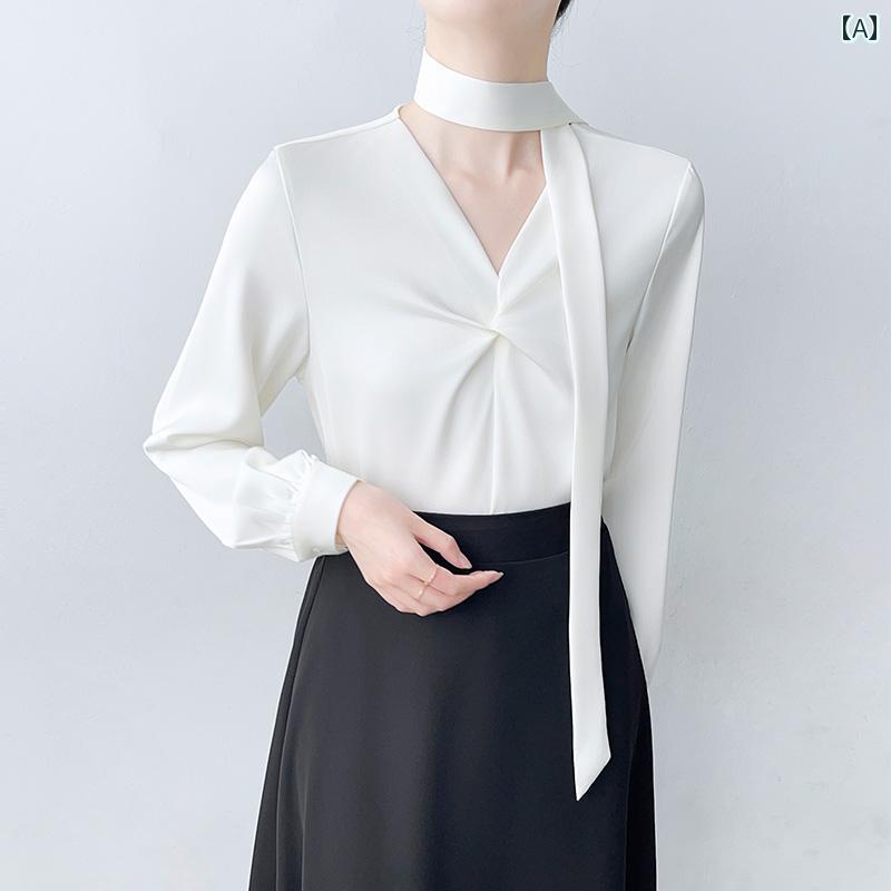 レディース シャツ シフォンブラウス 長袖 春秋 白 薄ピンク シルキーサテン風 ドレープ ネックリボン タイネック Vネック クロス絞り装飾 エレガント 洗練 ラグジュアリー シンプル ビジネスカジ