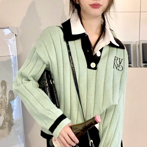 ポロカラーセーター トップス ミドル丈 袖あり 長袖 イージー ニット かわいい 大人可愛い