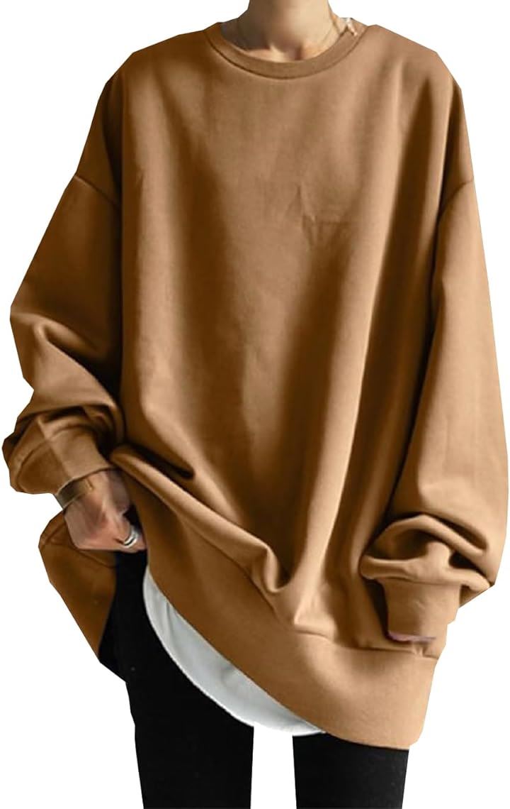 ゆったり カットソー 長袖 トップス 無地 チュニック( ブラウン, 2XL)