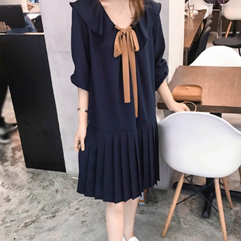 ラッフルカラー 配色リボン プリーツ切替え ローウエスト ワンピース ミディアム丈 膝上 ひざ丈