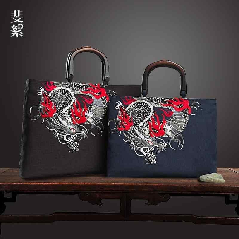 ハンドバッグ レディース チャイナ風 トート おしゃれ ファスナー ポケット マチ オックスフォード 青龍 神獣 刺繍 木製 ハンドル 手提げ 鞄 ブ