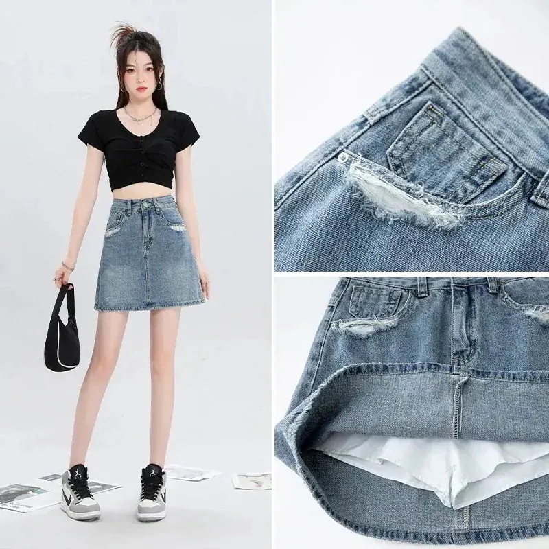 裏地付き露出防止デニムショートスカート女性ため 新デザイン着用ハイウエスト薄いスタイル痩身 a ラインスカート