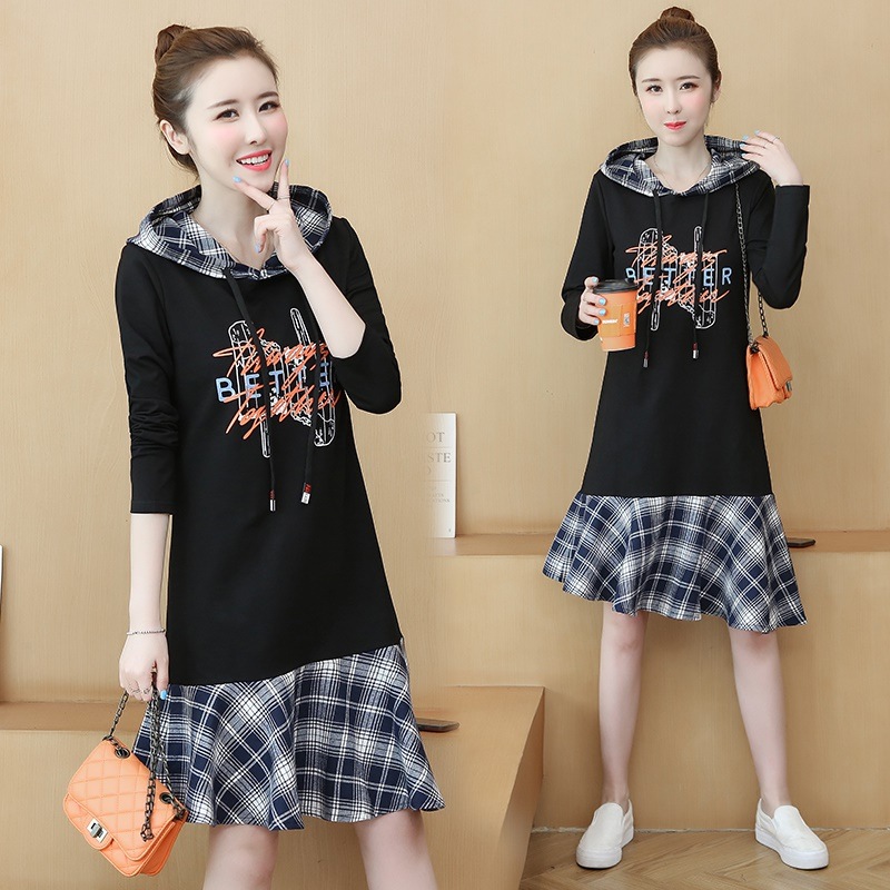 ゆとりリゾートワンピ女春秋格子つづる帽子で底が相次いで大ヤード長袖のシャツスカート