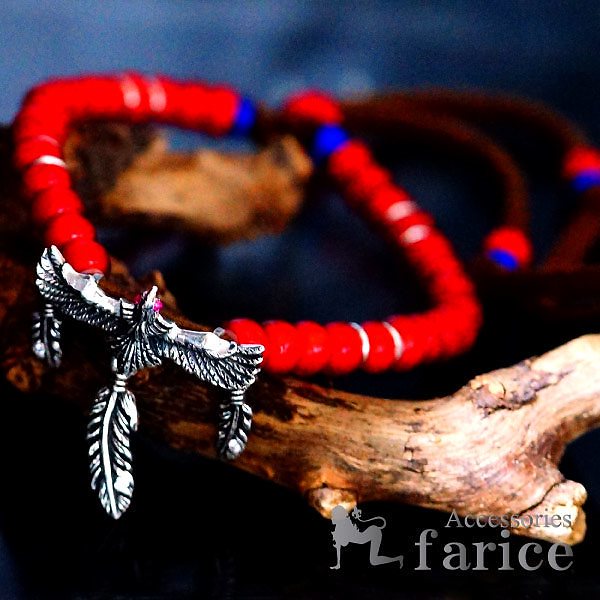 天然石 ルビー&クリアキュービックジルコニア装飾 イーグル&フェザー(鷲/羽)チャーム レッド&ネイビーブルーグラスビーズデザイン メンズ インディアンジュエリー シルバー925 ブレスレットスライ