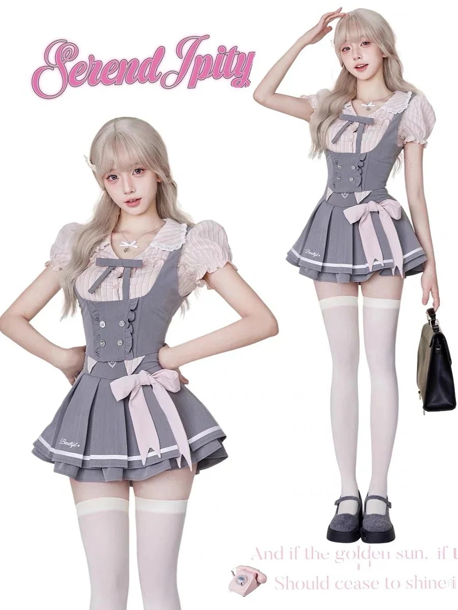 大人気 新作ロリータ コスプレ キャンパス風 JK 制服 三点セット プリーツ スカート セット洋装 半袖 op日常 花嫁 茶会30%までに制限