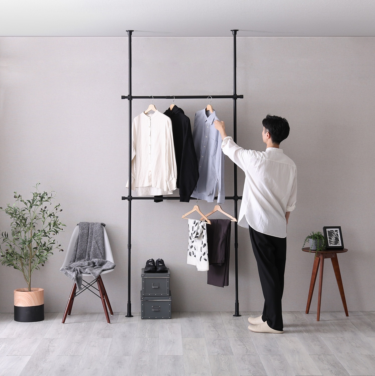 ハンガーラック 突っ張り スリム 洋服掛け おしゃれ シンプル ワードローブ クローゼット つっぱり 2段 幅120cm