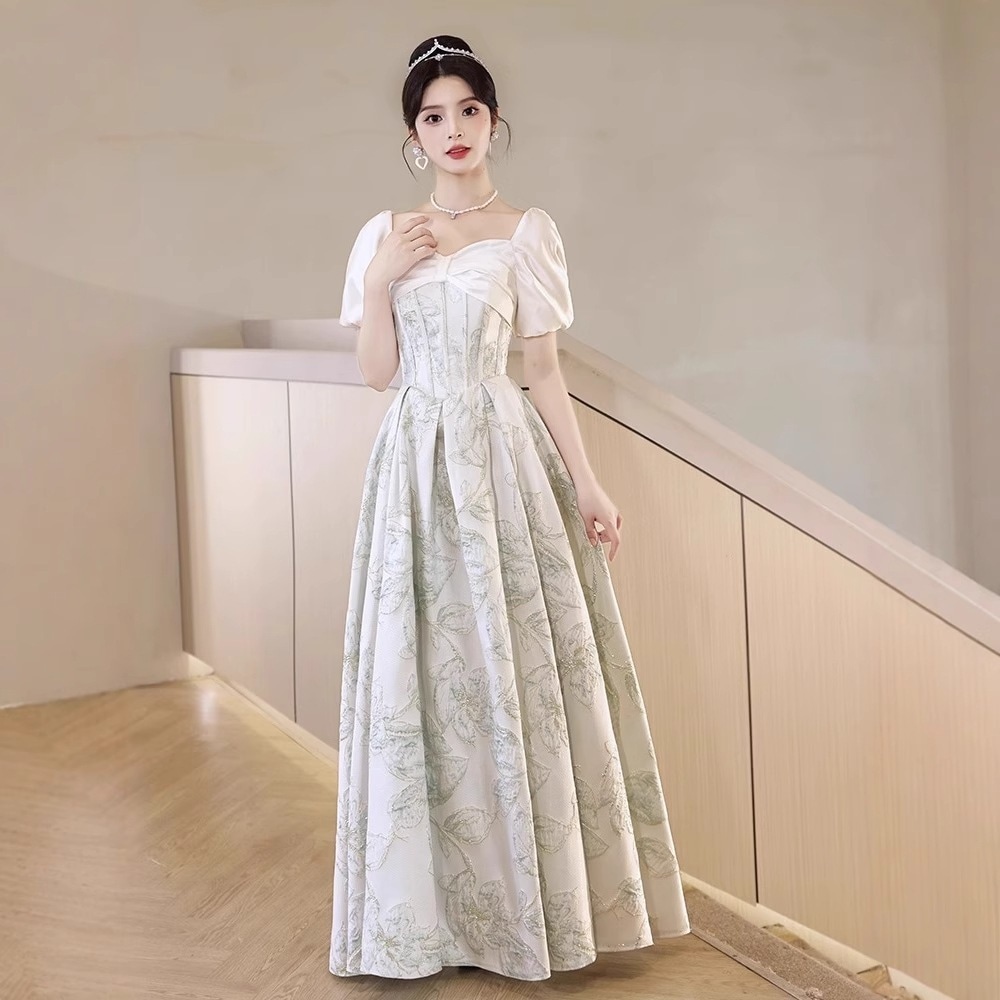 【送.料.無.料.急速発送】スクエアネックのブルーのバブルスリーブが甘いプリンセススカートドレス 演奏会 ウェディング 発表会 成人式 二次会 お呼ばれ