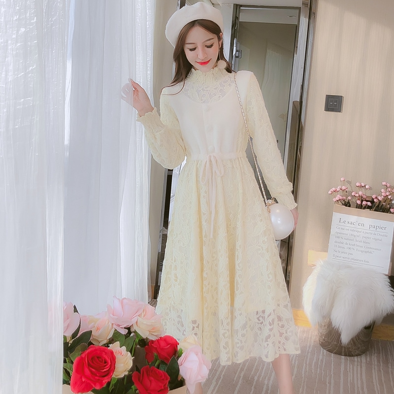 ワンピース ミモレ丈 袖あり 長袖 スタンドカラー Aライン レース ウエストリボン ふわふわ ハイウエスト かわいい シンプル ガーリー 存在感 無地 秋 冬 10代 20代 30代 レディース