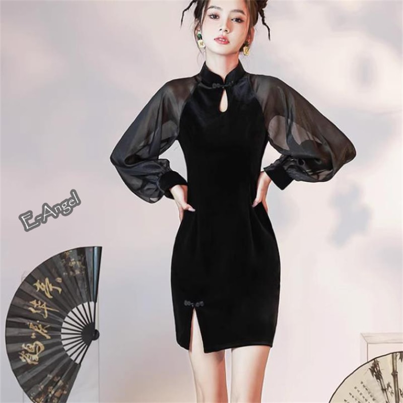 改良 チャイナドレス 黒 ミニ 長袖 透け感スリーブ ランタンスリーブ スタンドカラー チャイナ風 ワンピース 切り替え スリット コスプレ チャイナ服 普段着 大きいサイズあり