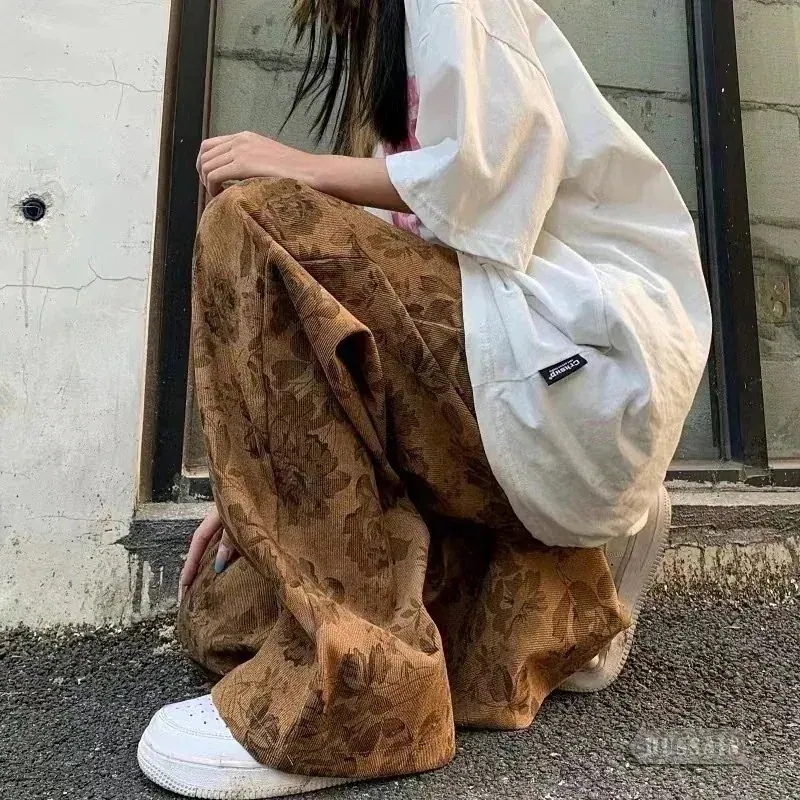 ワイドパンツ 涼しげ アーバンモードな 柄パンツ ルーズシルエット ワイドパンツ コーデュロイ 総柄 ボタニカル プリント イージー 花柄 3XL展開 カジュアル ストリート 韓国っぽgh