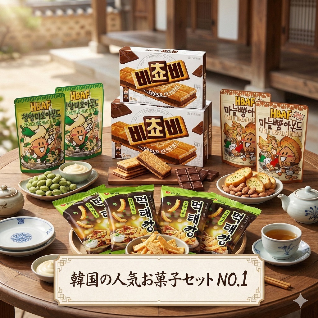 韓国の人気お菓子セット NO.1,モクテカン 唐辛子マヨ味 スナック+ビチョビ ビスケット+ニンニクパンアーモンド+トウガラシマヨアーモンド(free giftザンマンルピーステッカー1枚)