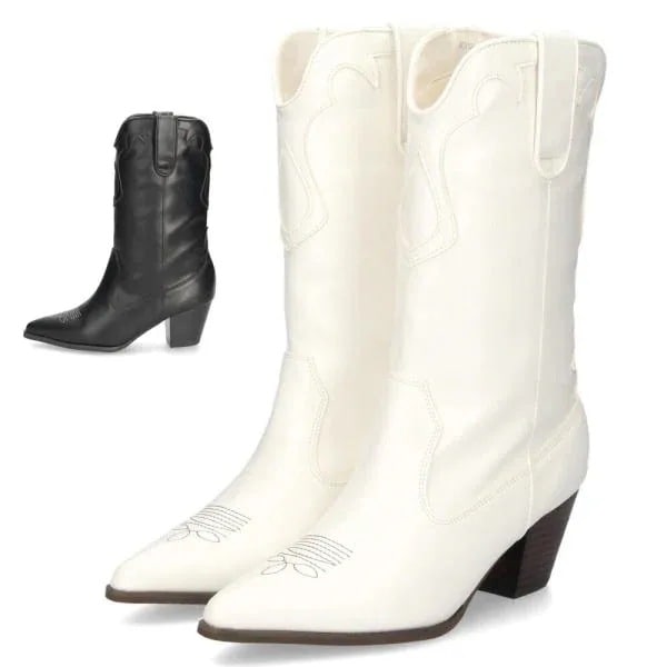 レディース ブーツ ショート ウエスタンブーツ ホワイト 黒 ブラック ヒール mio notis 40312 ロングウエスタン