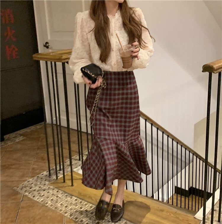 スカート 秋 かわいい レディース フレアスカート ミモレ丈 不規則丈 柄 チェック柄 格子柄 ウエスト ゴム 切り替えデザイン ワインレッド かわいい 大人可愛い き