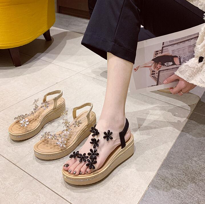 美脚 花 プラットフォーム 厚底 アンクルストラップ サンダル 涼しい ビーチサンダル 厚底 厚底サンダル レディース ウェッジサンダル ハイヒール 歩きやすい キラキラ リラックスサンダル