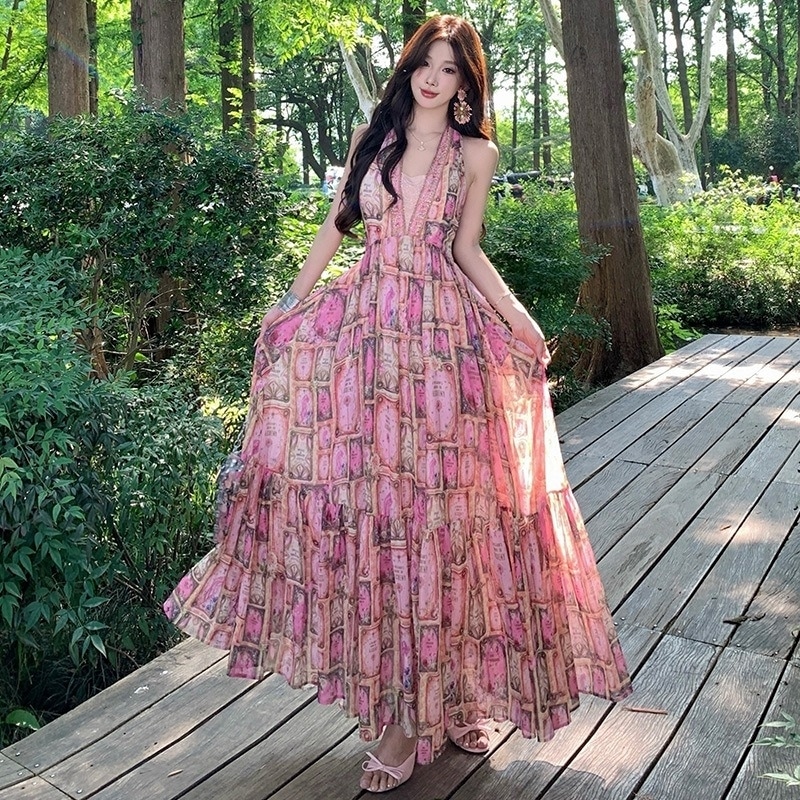 レディース ロングワンピース ノースリーブ リゾートワンピース ティアードワンピース サマーワンピース ロング マキシ丈 ノースリーブ ホルターネック フレア Aライン きれいめ 大人 お洒落