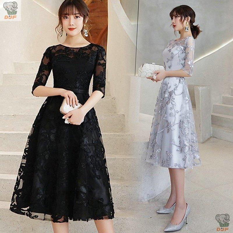 パーティードレス ミモレ丈 黒 グレー 5分袖 二次会 お呼ばれドレス Aライン 30代 40代 結婚式ドレス 袖あり イブニングドレス 発表会 演奏会ドレス