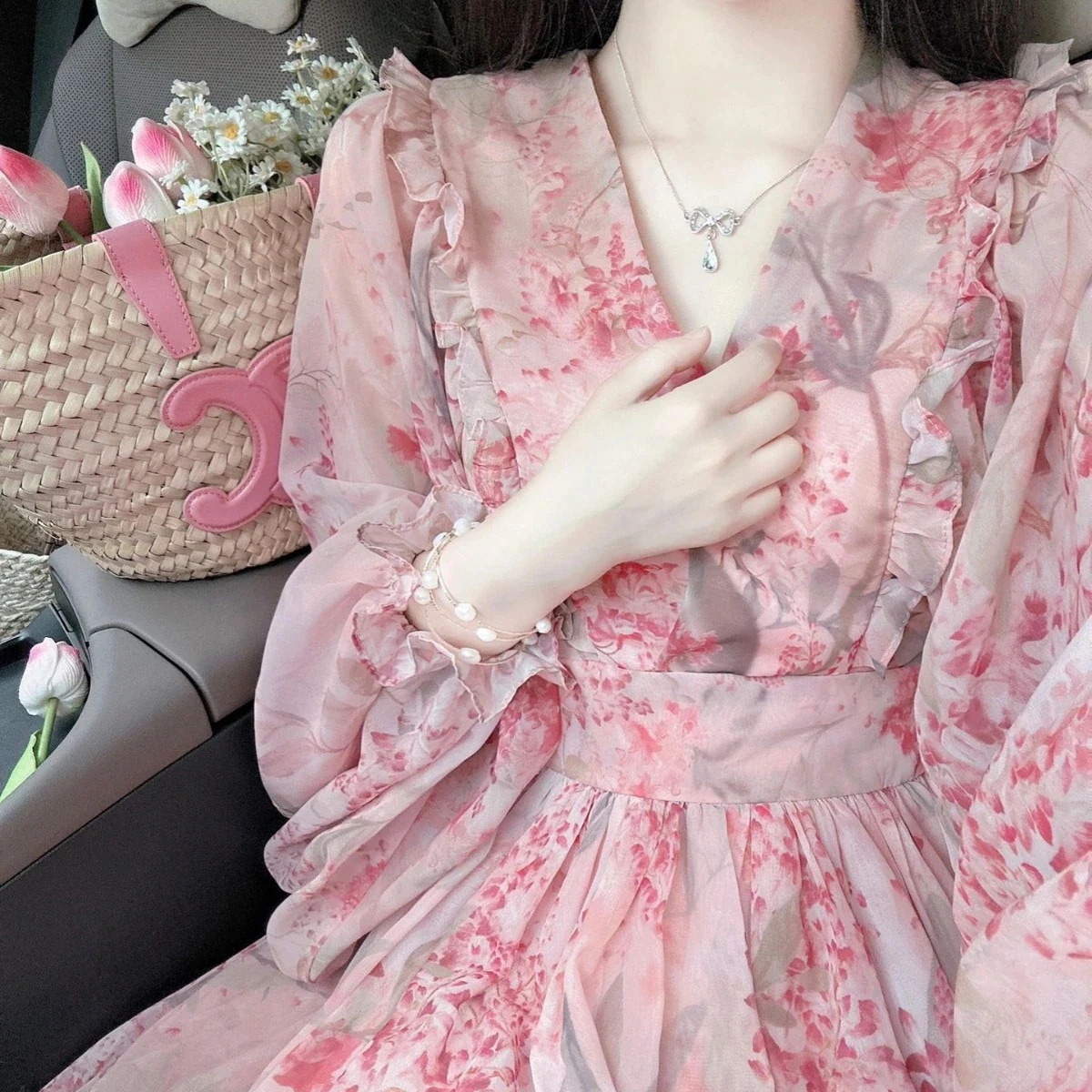初秋優しい雰囲気花柄長袖レディーピースウエスト痩せセクシーロングスカート