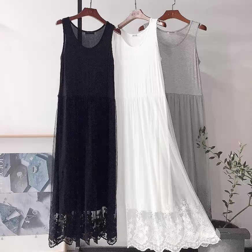 レディース ワンピース インナー ロング 袖なし ノースリーブ Uネック ラウンドネック フレア Aライン レース 刺繍 切り替えデザイン ドッキング かわいい 大人可愛い きれいめ シンプル