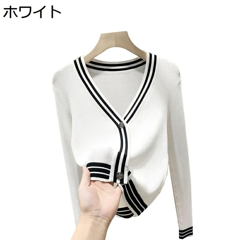 ニットカーディガン レディース 秋 ショート丈 薄手 長袖 Vネック 無地 ホワイト 韓国 ニットカーディガン 暖かい 柔らか 肌触り オフィス スクール ニットコート L