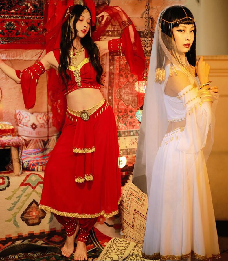 ベリーダンス衣装5点セット アラビアン コスプレ ジャスミン ハロウィン クリスマス 新年 パーティー 結婚式 余興 コスチューム アラジン ベリー ウェア トップス スカート風パンツ ベール フリル