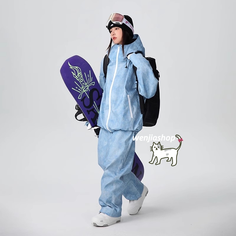 スノーボードウェア 2025 上下セット メンズ レディース アウター ジャケット パンツ ズボン デニム パール付 ブルー ゆったり スノーウェア スキーウェア スノボウェア韓国風 防水防風防寒