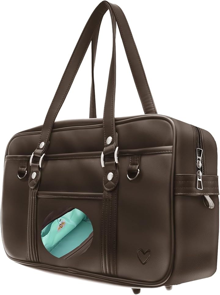 キューティパイ スクバ スクールバッグ 茶色 合皮 高耐久 丈夫 軽い かわいい 持ち手長い 女子高生(ダークブラウン x ミントグリーン)