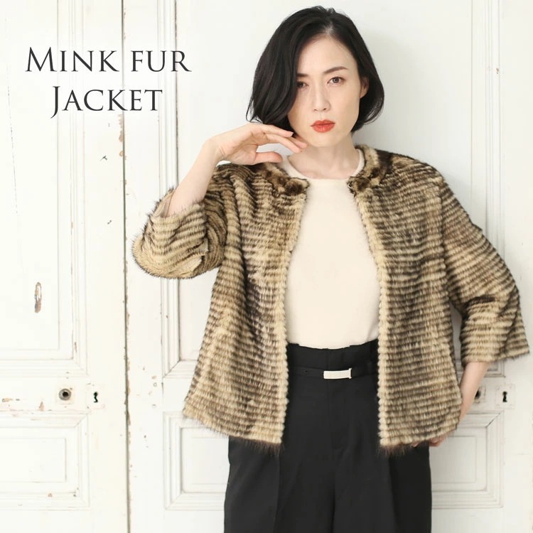 ミンクノーカラージャケット七分袖毛皮ファーレディース(01000418r)